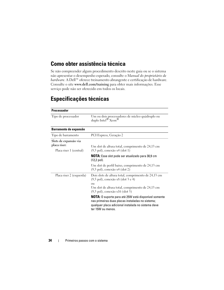 Como obter assistência técnica, Especificações técnicas | Dell POWEREDGE R710 User Manual | Page 36 / 54