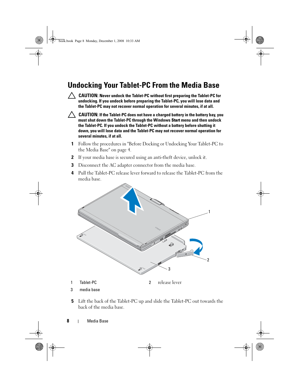 Undocking your tablet-pc from the media base | Dell Latitude XT2 (Early 2009) User Manual | Page 10 / 48