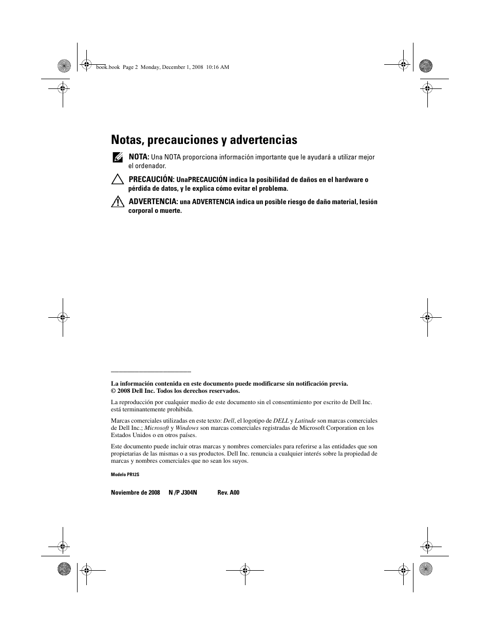 Notas, precauciones y advertencias | Dell Latitude XT2 (Early 2009) User Manual | Page 14 / 48