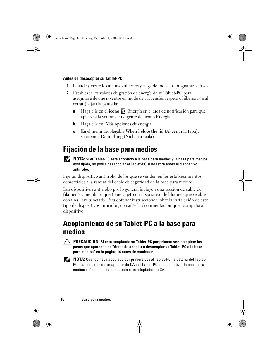 Fijación de la base para medios, Acoplamiento de su tablet-pc a la base para medios | Dell Latitude XT2 (Early 2009) User Manual | Page 18 / 48