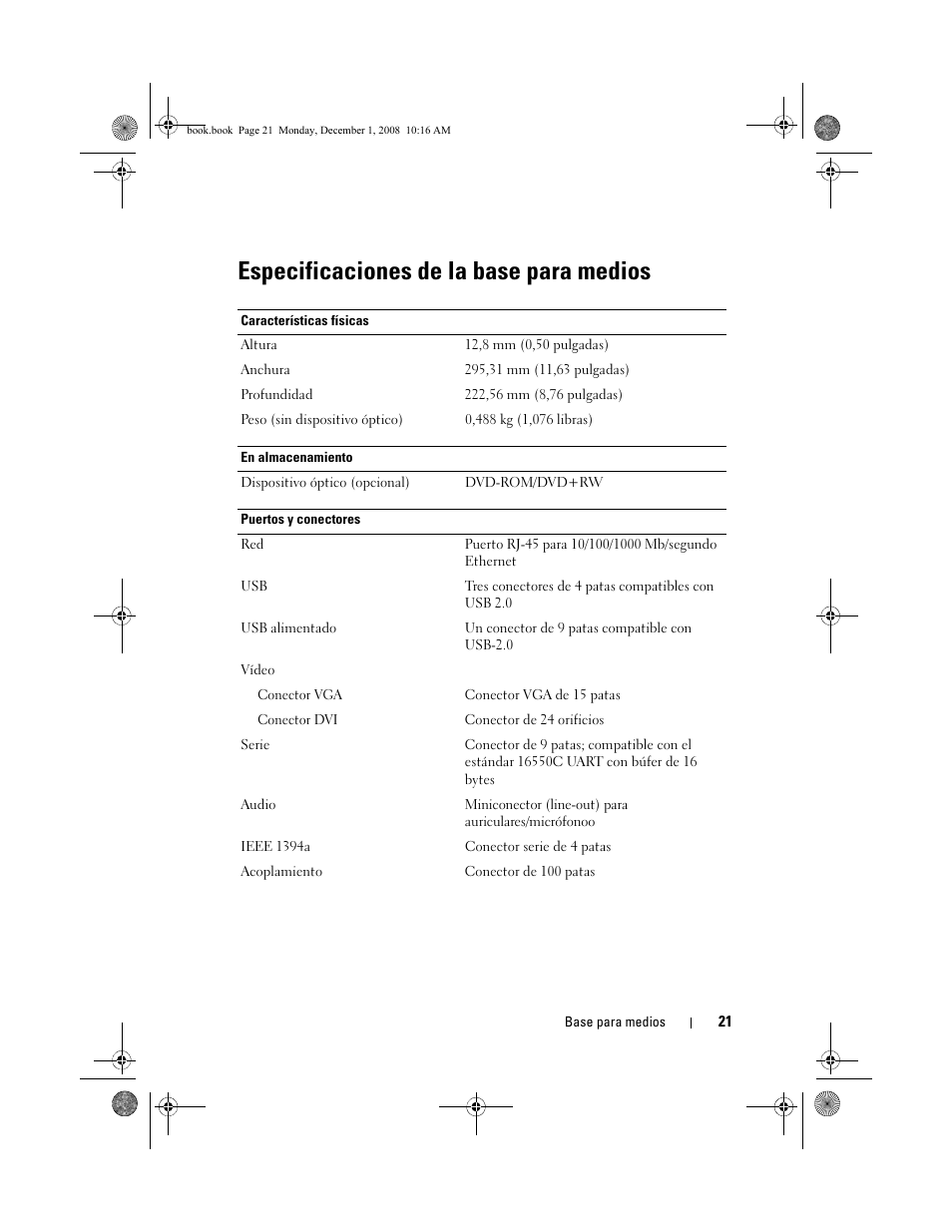 Especificaciones de la base para medios | Dell Latitude XT2 (Early 2009) User Manual | Page 23 / 48