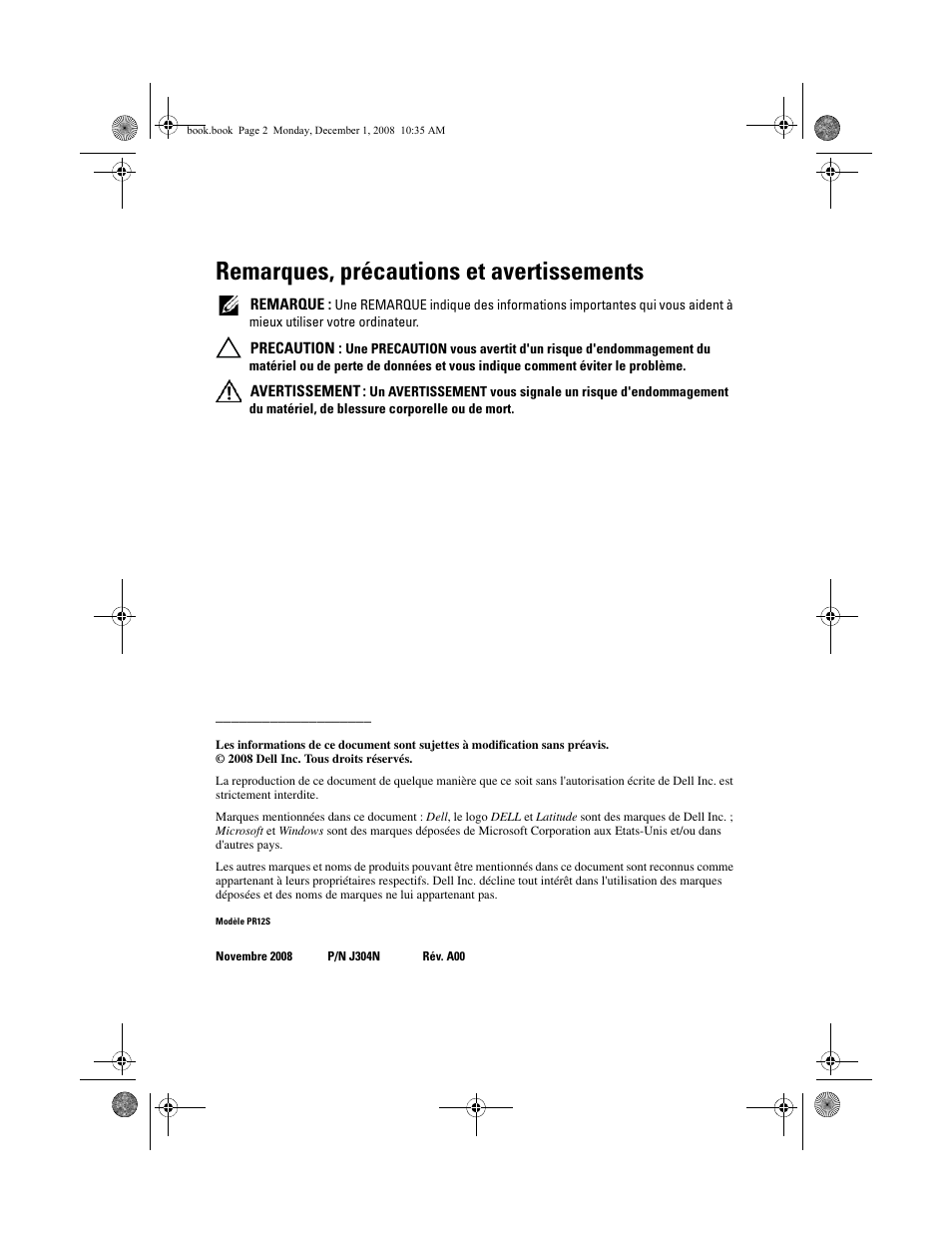 Remarques, précautions et avertissements | Dell Latitude XT2 (Early 2009) User Manual | Page 26 / 48