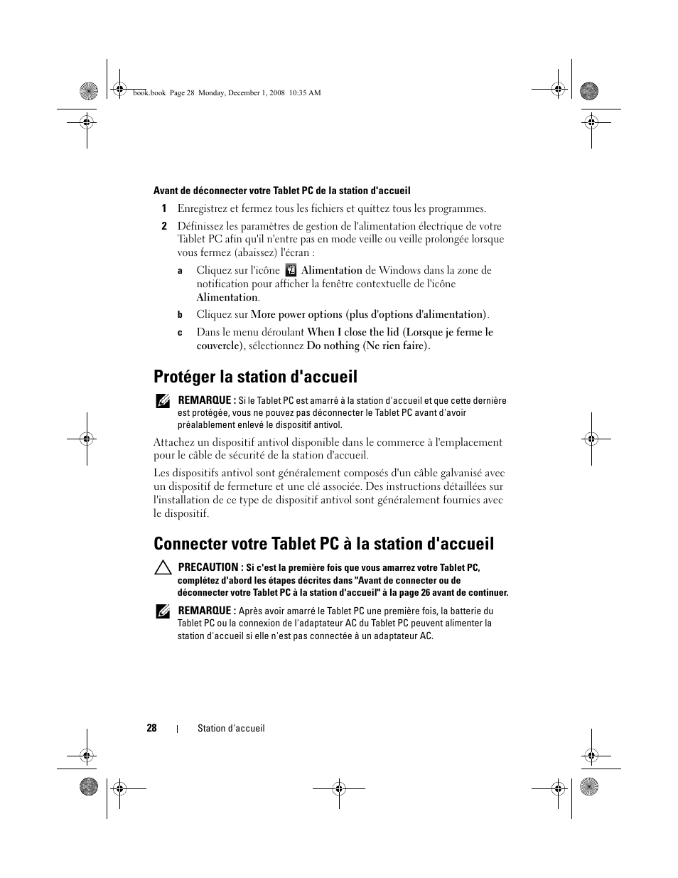 Protéger la station d'accueil, Connecter votre tablet pc à la station d'accueil | Dell Latitude XT2 (Early 2009) User Manual | Page 30 / 48