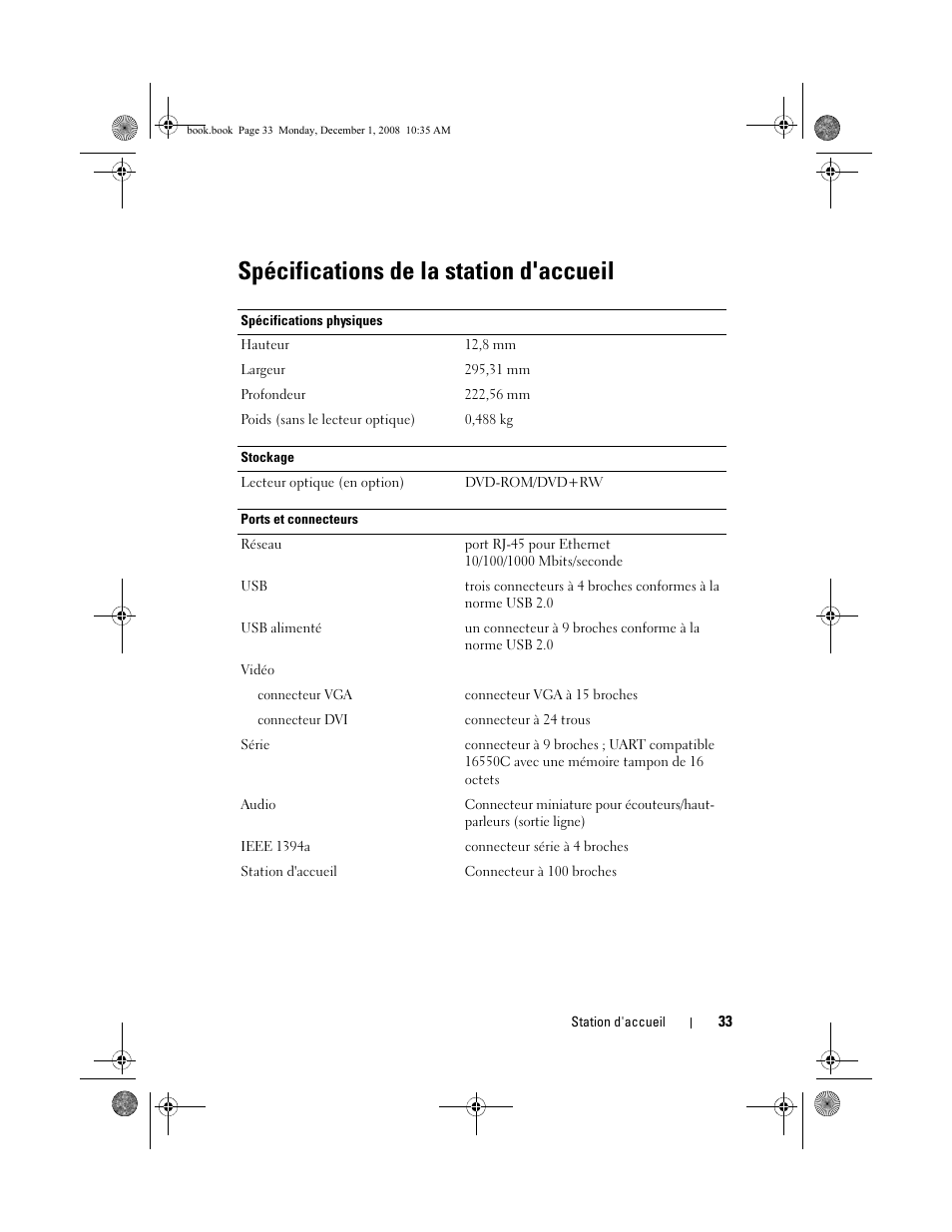 Spécifications de la station d'accueil | Dell Latitude XT2 (Early 2009) User Manual | Page 35 / 48