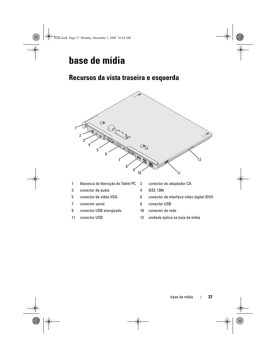 Base de mídia, Recursos da vista traseira e esquerda | Dell Latitude XT2 (Early 2009) User Manual | Page 39 / 48