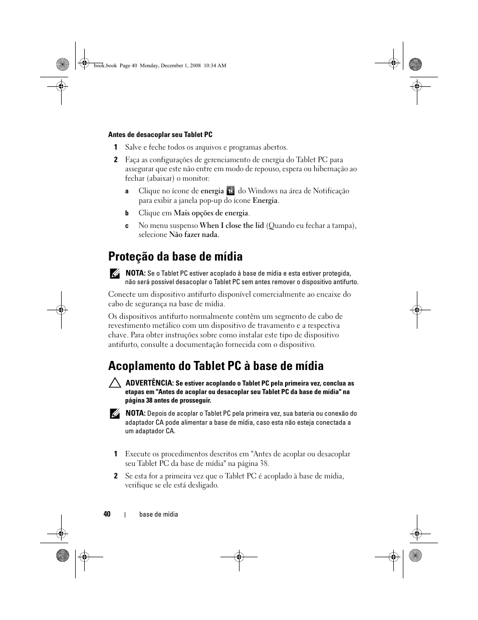 Proteção da base de mídia, Acoplamento do tablet pc à base de mídia | Dell Latitude XT2 (Early 2009) User Manual | Page 42 / 48