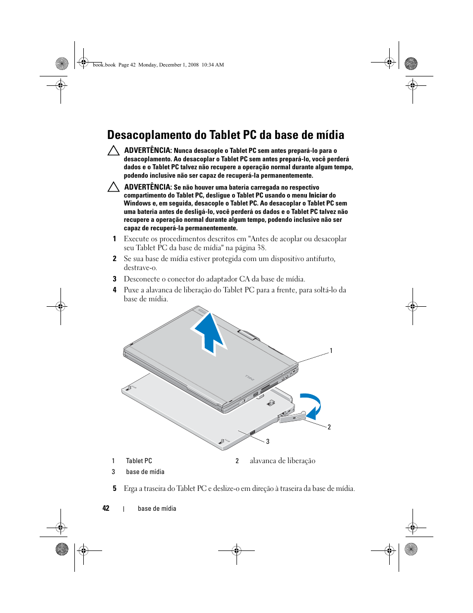 Desacoplamento do tablet pc da base de mídia | Dell Latitude XT2 (Early 2009) User Manual | Page 44 / 48