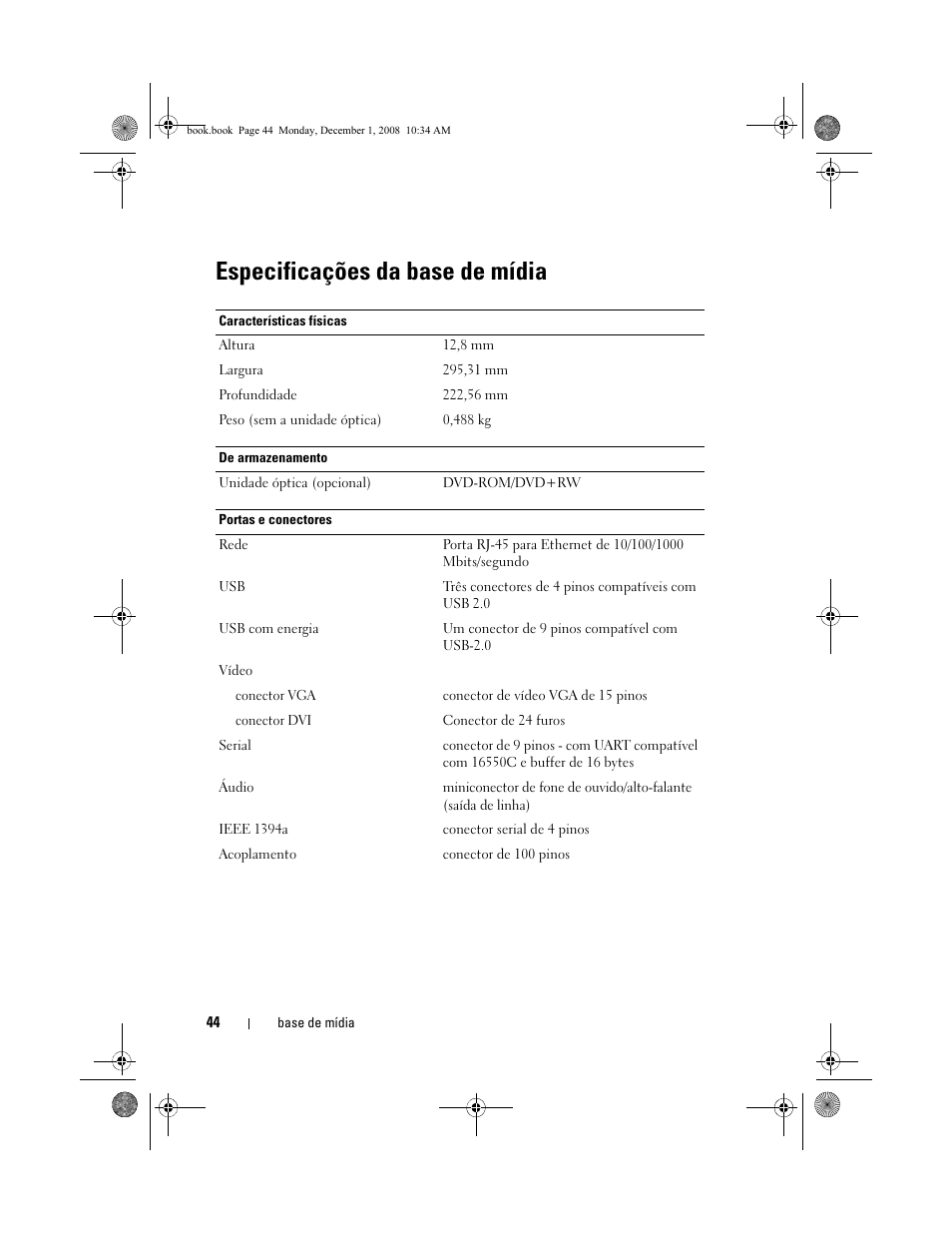 Especificações da base de mídia | Dell Latitude XT2 (Early 2009) User Manual | Page 46 / 48