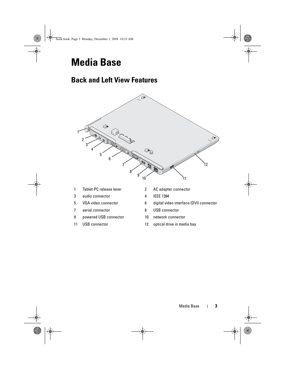 Media base, Back and left view features | Dell Latitude XT2 (Early 2009) User Manual | Page 5 / 48