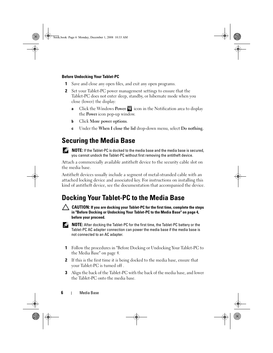 Securing the media base, Docking your tablet-pc to the media base | Dell Latitude XT2 (Early 2009) User Manual | Page 8 / 48