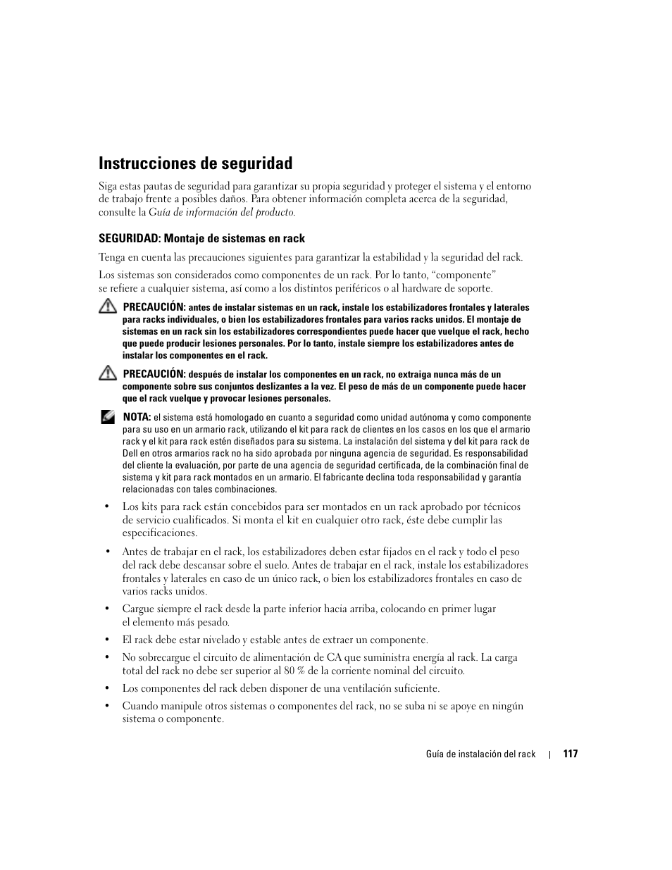 Instrucciones de seguridad, Seguridad: montaje de sistemas en rack | Dell PowerEdge 860 User Manual | Page 119 / 142