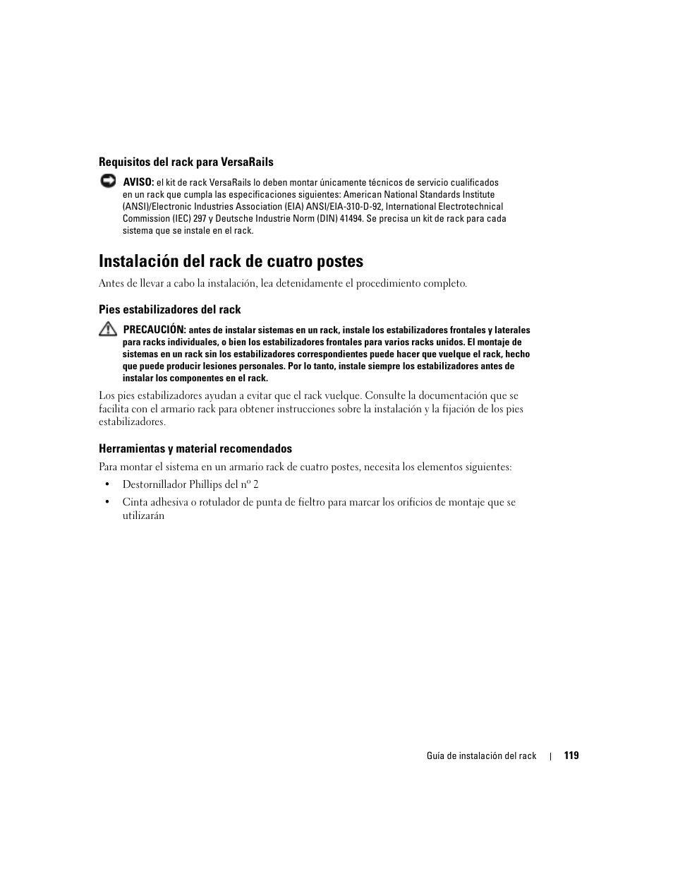 Requisitos del rack para versarails, Instalación del rack de cuatro postes, Pies estabilizadores del rack | Herramientas y material recomendados | Dell PowerEdge 860 User Manual | Page 121 / 142