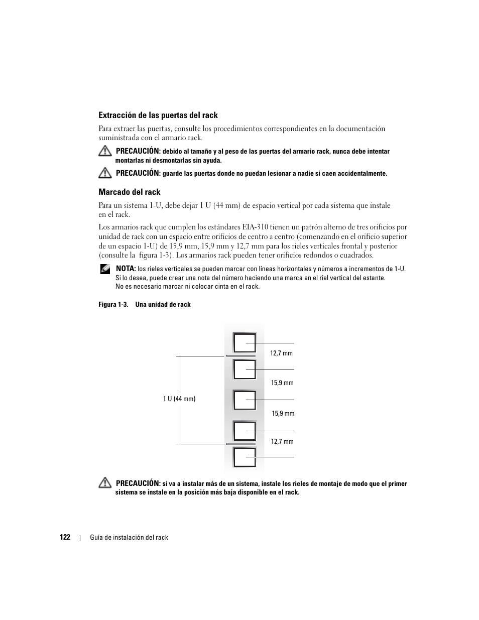 Extracción de las puertas del rack, Marcado del rack, Figura 1-3 | Una unidad de rack | Dell PowerEdge 860 User Manual | Page 124 / 142