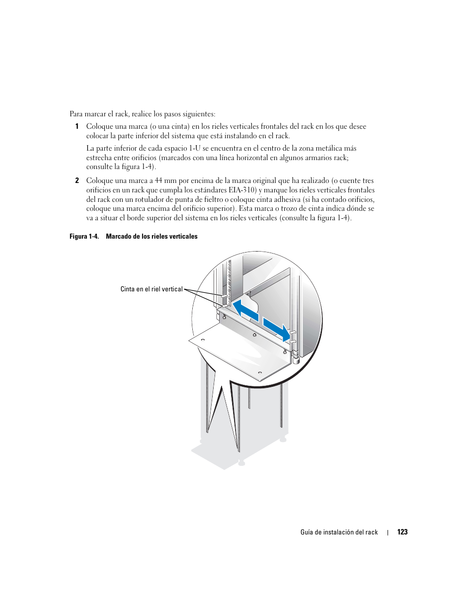 Figura 1-4, Marcado de los rieles verticales | Dell PowerEdge 860 User Manual | Page 125 / 142