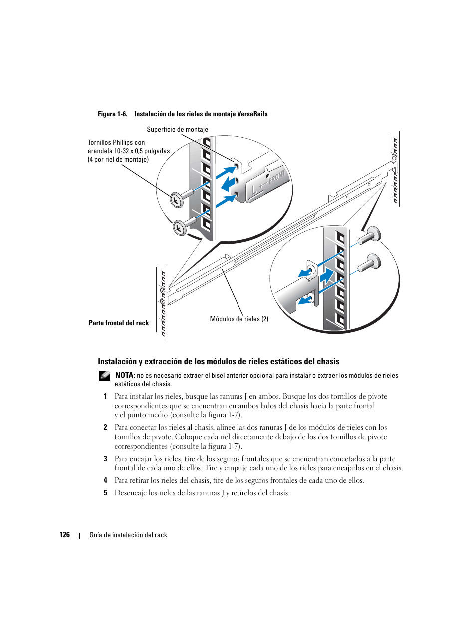 Figura 1-6, Instalación de los rieles de montaje versarails | Dell PowerEdge 860 User Manual | Page 128 / 142