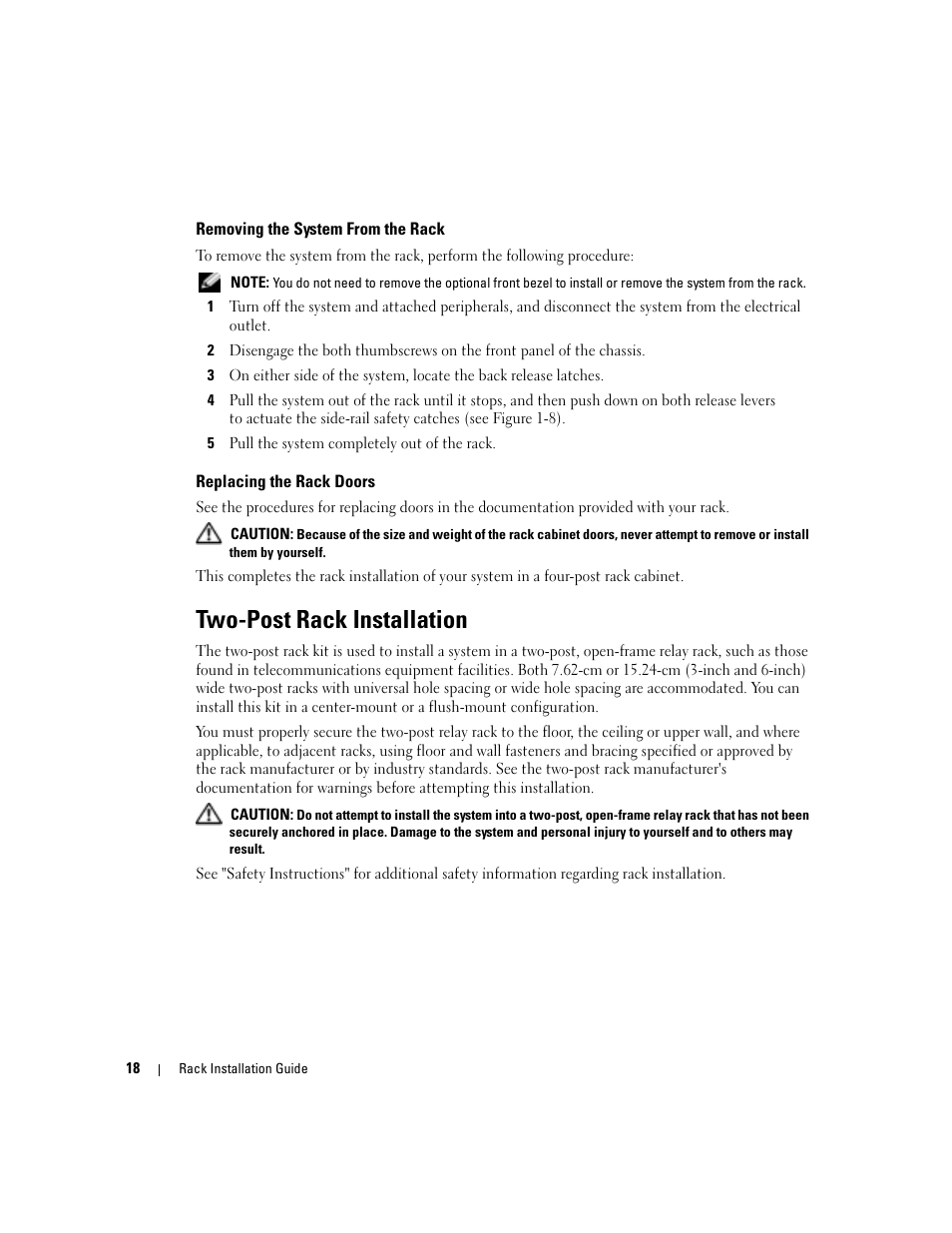 Removing the system from the rack, Replacing the rack doors, Two-post rack installation | Dell PowerEdge 860 User Manual | Page 20 / 142