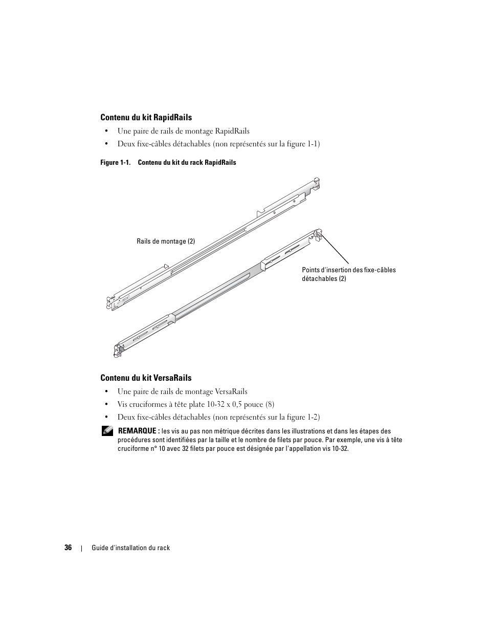 Contenu du kit rapidrails, Contenu du kit versarails, Figure 1-1 | Contenu du kit du rack rapidrails | Dell PowerEdge 860 User Manual | Page 38 / 142