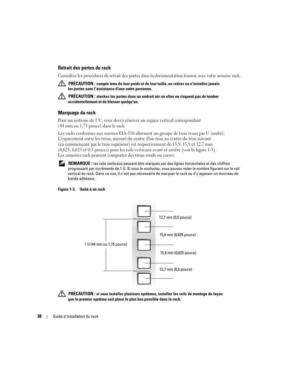 Retrait des portes du rack, Marquage du rack, Figure 1-3 | Unité à un rack | Dell PowerEdge 860 User Manual | Page 40 / 142