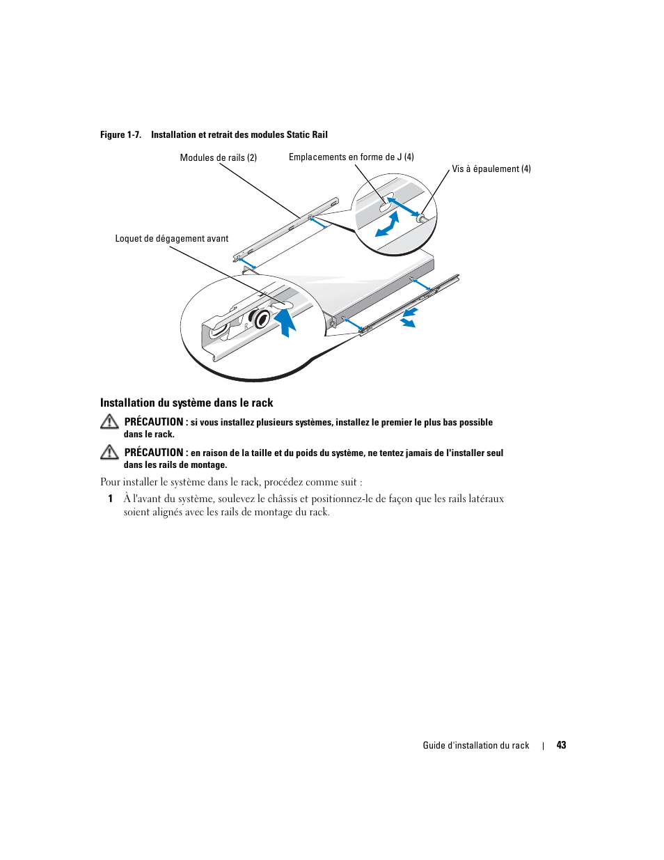 Installation du système dans le rack, Figure 1-7, Installation et retrait des modules static rail | Dell PowerEdge 860 User Manual | Page 45 / 142
