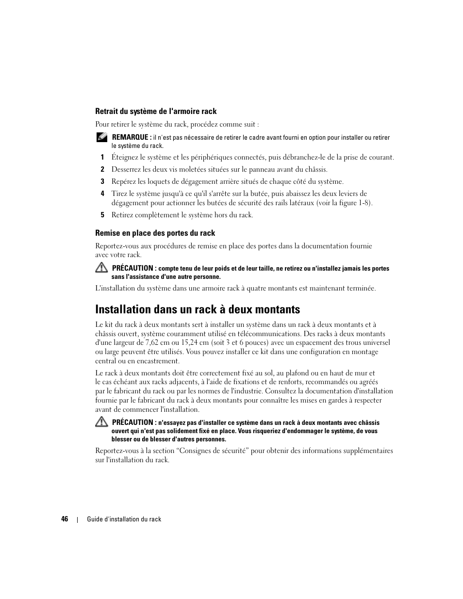 Retrait du système de l'armoire rack, Remise en place des portes du rack, Installation dans un rack à deux montants | Dell PowerEdge 860 User Manual | Page 48 / 142