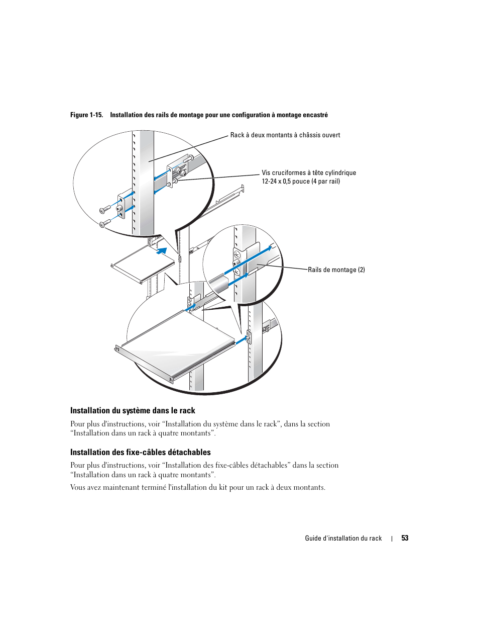 Installation du système dans le rack, Installation des fixe-câbles détachables, Figure 1-15 | Pouce (voir la figure 1-15), Figure 1-15) | Dell PowerEdge 860 User Manual | Page 55 / 142