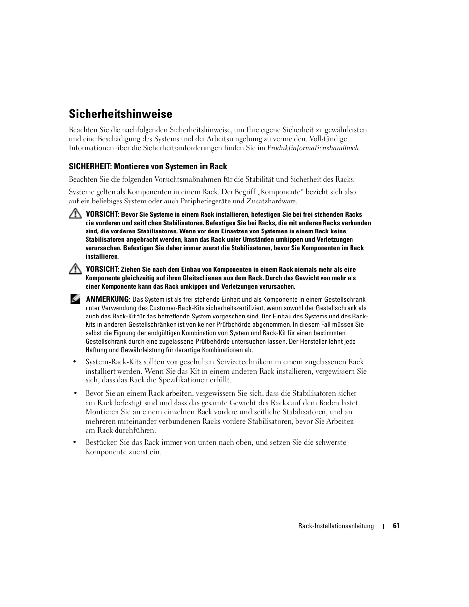 Sicherheitshinweise, Sicherheit: montieren von systemen im rack | Dell PowerEdge 860 User Manual | Page 63 / 142