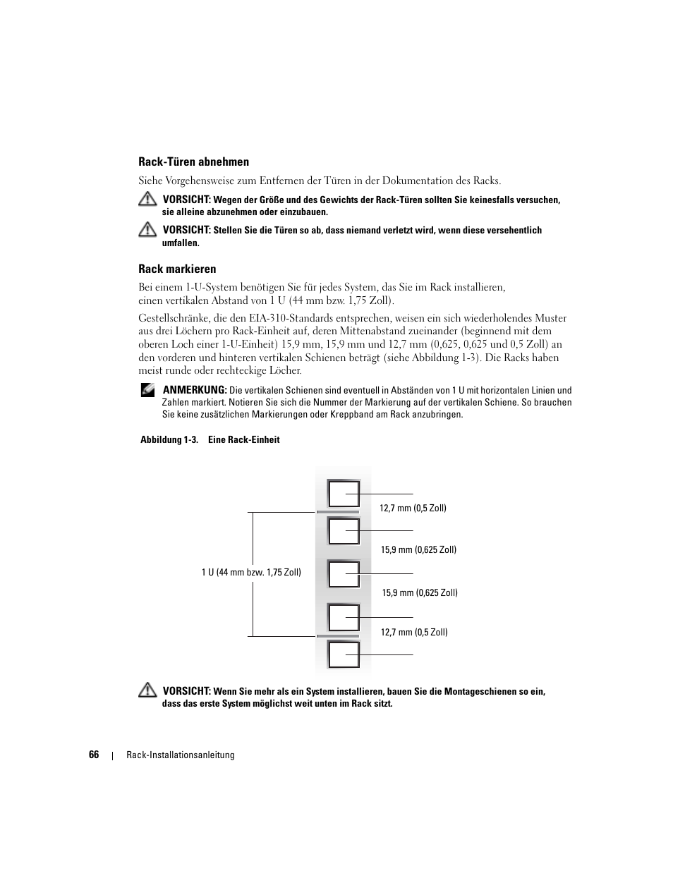 Rack-türen abnehmen, Rack markieren, Abbildung 1-3 | Eine rack-einheit | Dell PowerEdge 860 User Manual | Page 68 / 142