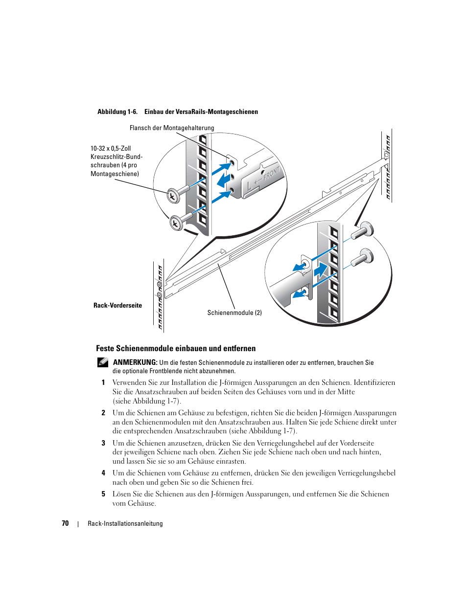 Feste schienenmodule einbauen und entfernen, Abbildung 1-6, Einbau der versarails-montageschienen | Dell PowerEdge 860 User Manual | Page 72 / 142