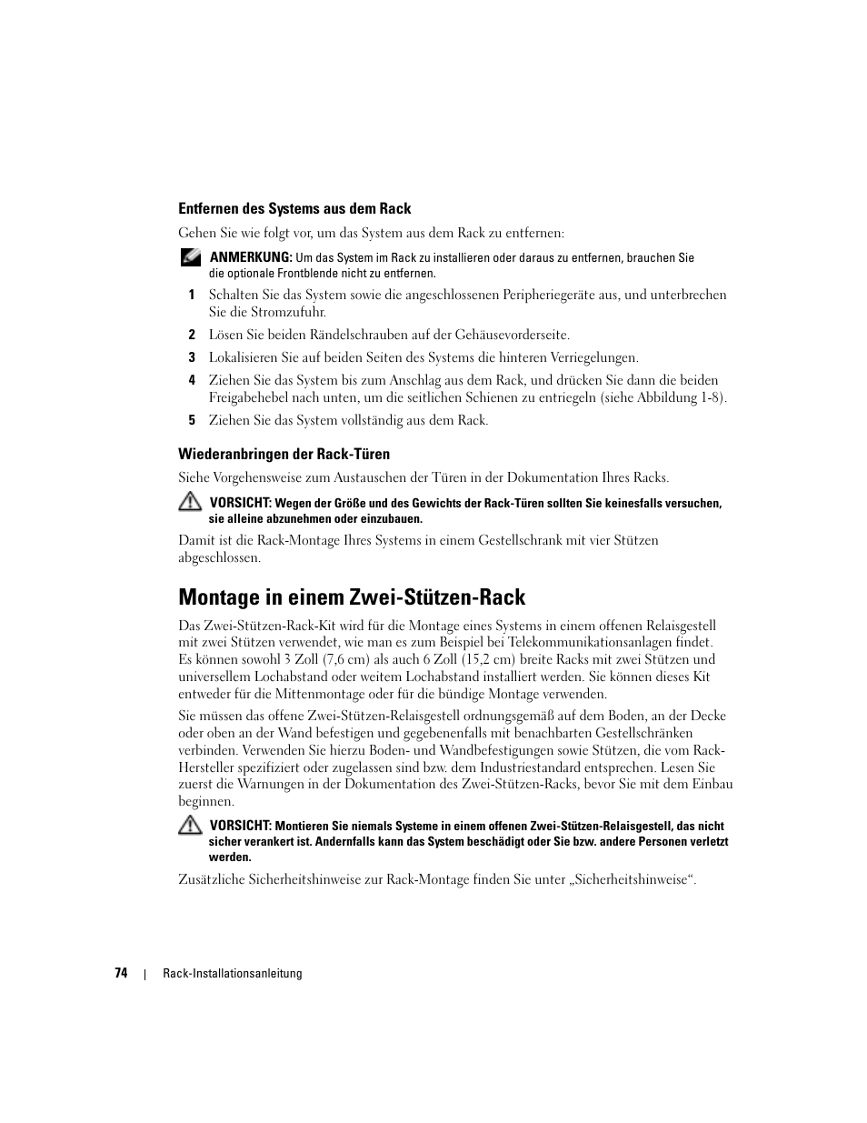 Entfernen des systems aus dem rack, Wiederanbringen der rack-türen, Montage in einem zwei-stützen-rack | Dell PowerEdge 860 User Manual | Page 76 / 142