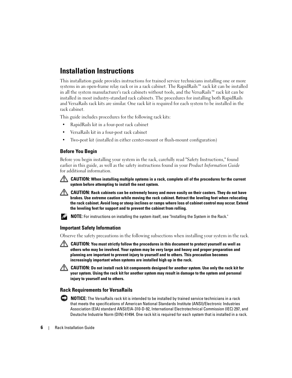 Installation instructions, Before you begin, Important safety information | Rack requirements for versarails | Dell PowerEdge 860 User Manual | Page 8 / 142