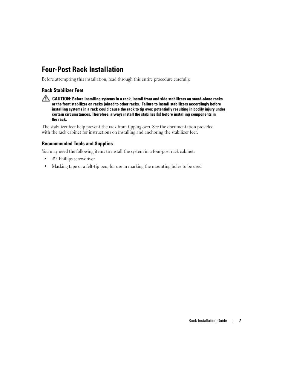 Four-post rack installation, Rack stabilizer feet, Recommended tools and supplies | Dell PowerEdge 860 User Manual | Page 9 / 142