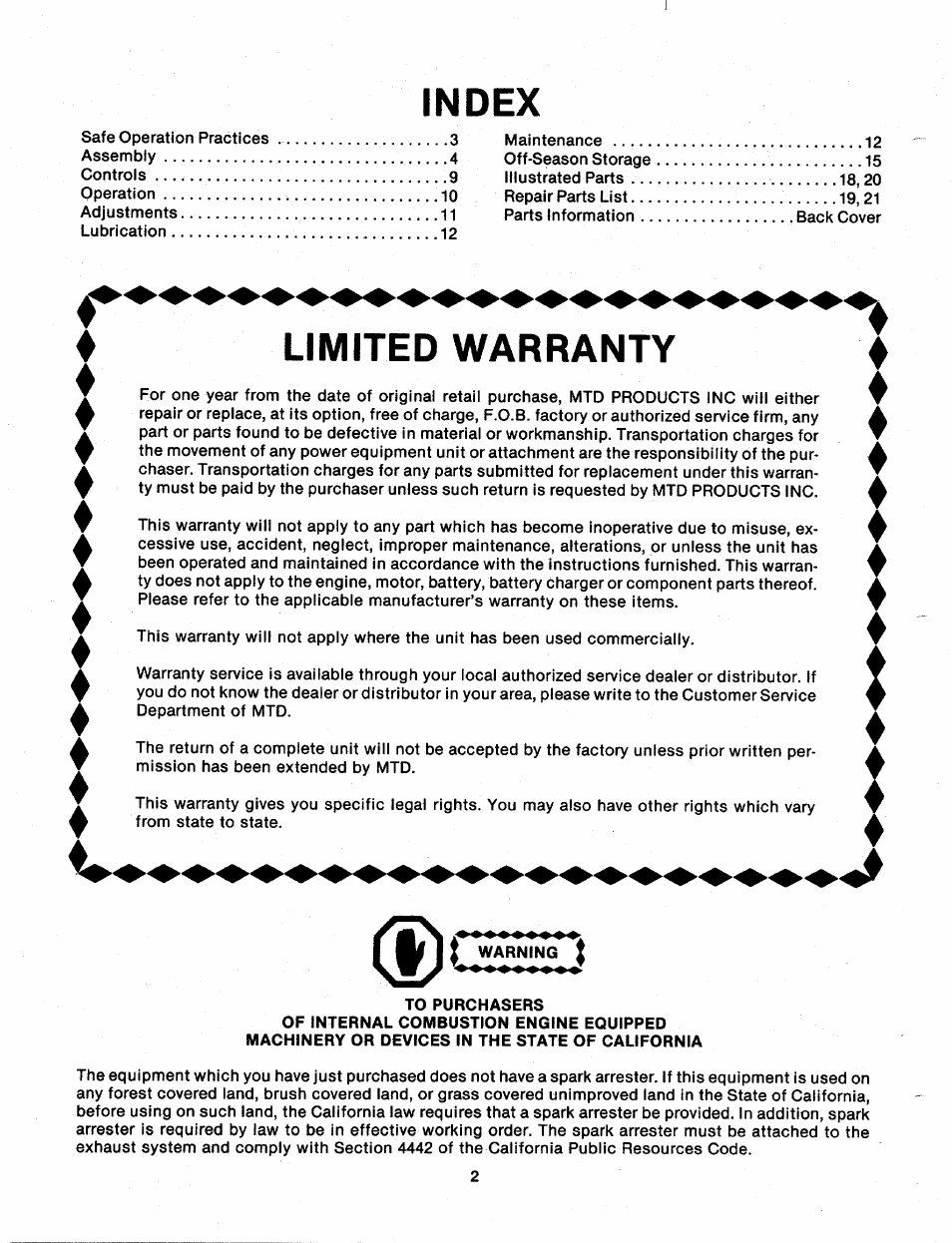Warning i, To purchasers, Index | Limited warranty | Bolens 111-338A User Manual | Page 2 / 22