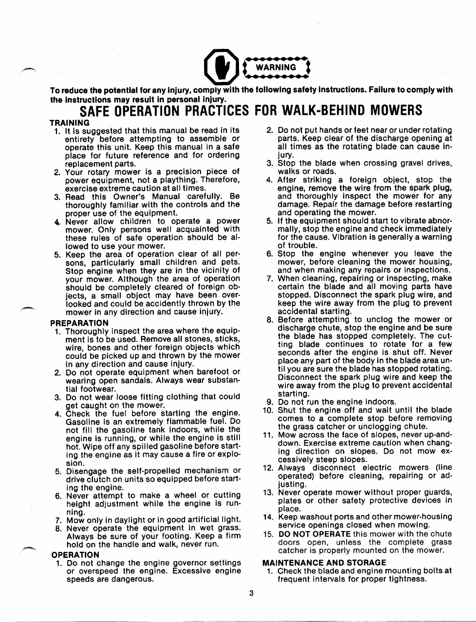 Warning, Safe operation practices for walk-behino mowers | Bolens 111-338A User Manual | Page 3 / 22