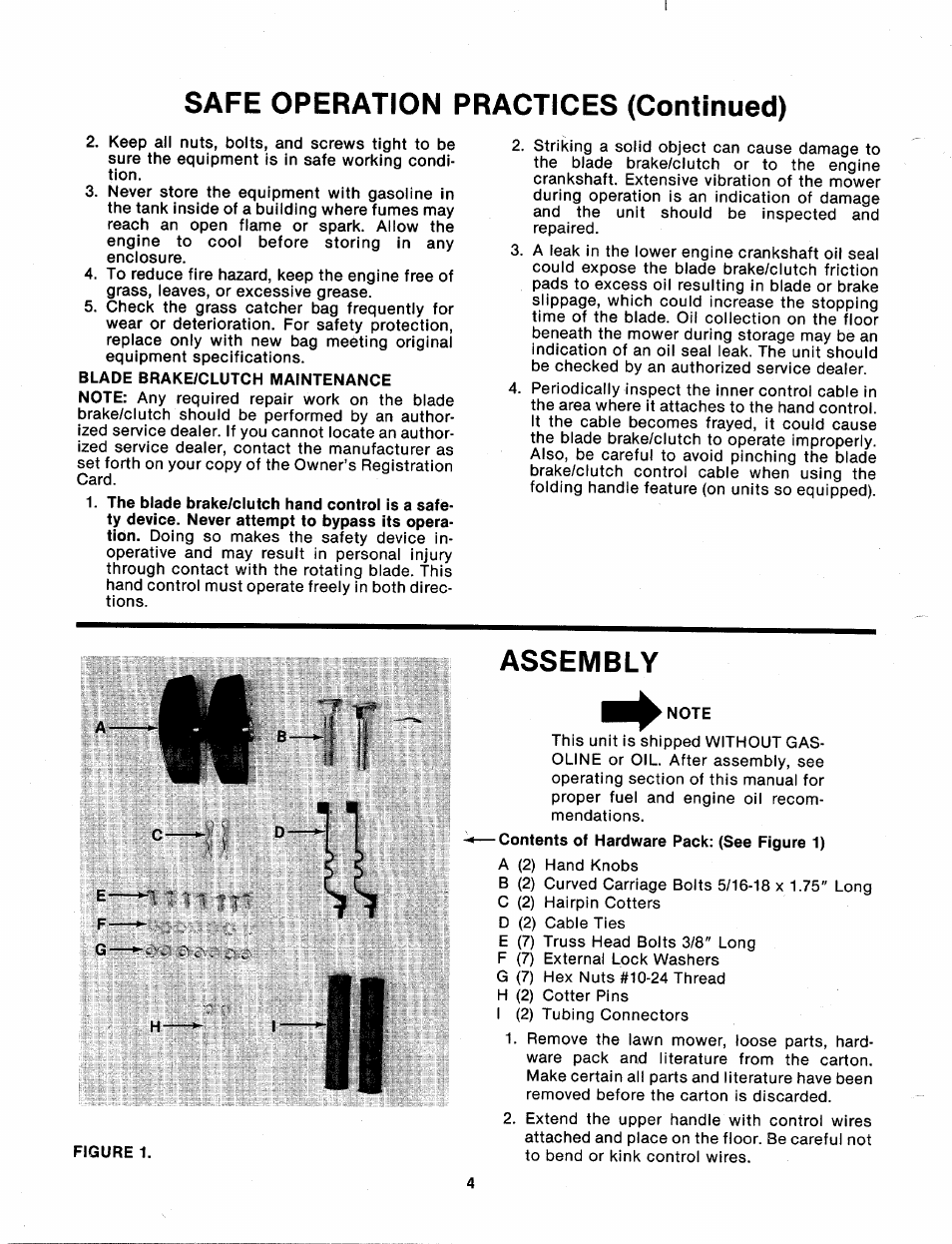 Note, Safe operation practices (continued), Assembly | Bolens 111-338A User Manual | Page 4 / 22