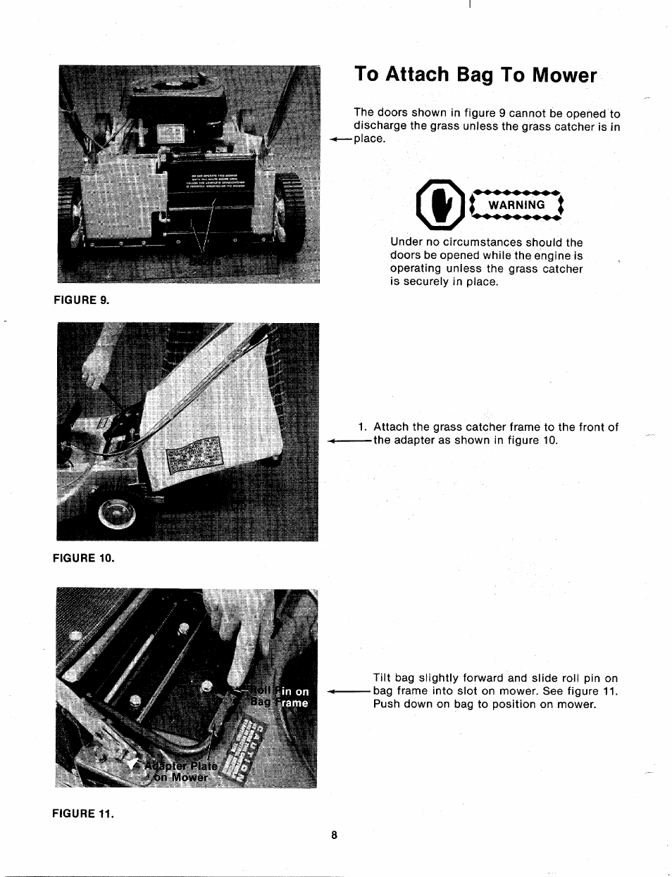 To attach bag to mower, Warning i | Bolens 111-338A User Manual | Page 8 / 22