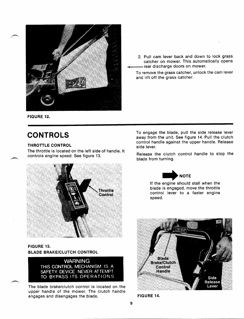 Throttle control, Note, Controls | Warning | Bolens 111-338A User Manual | Page 9 / 22