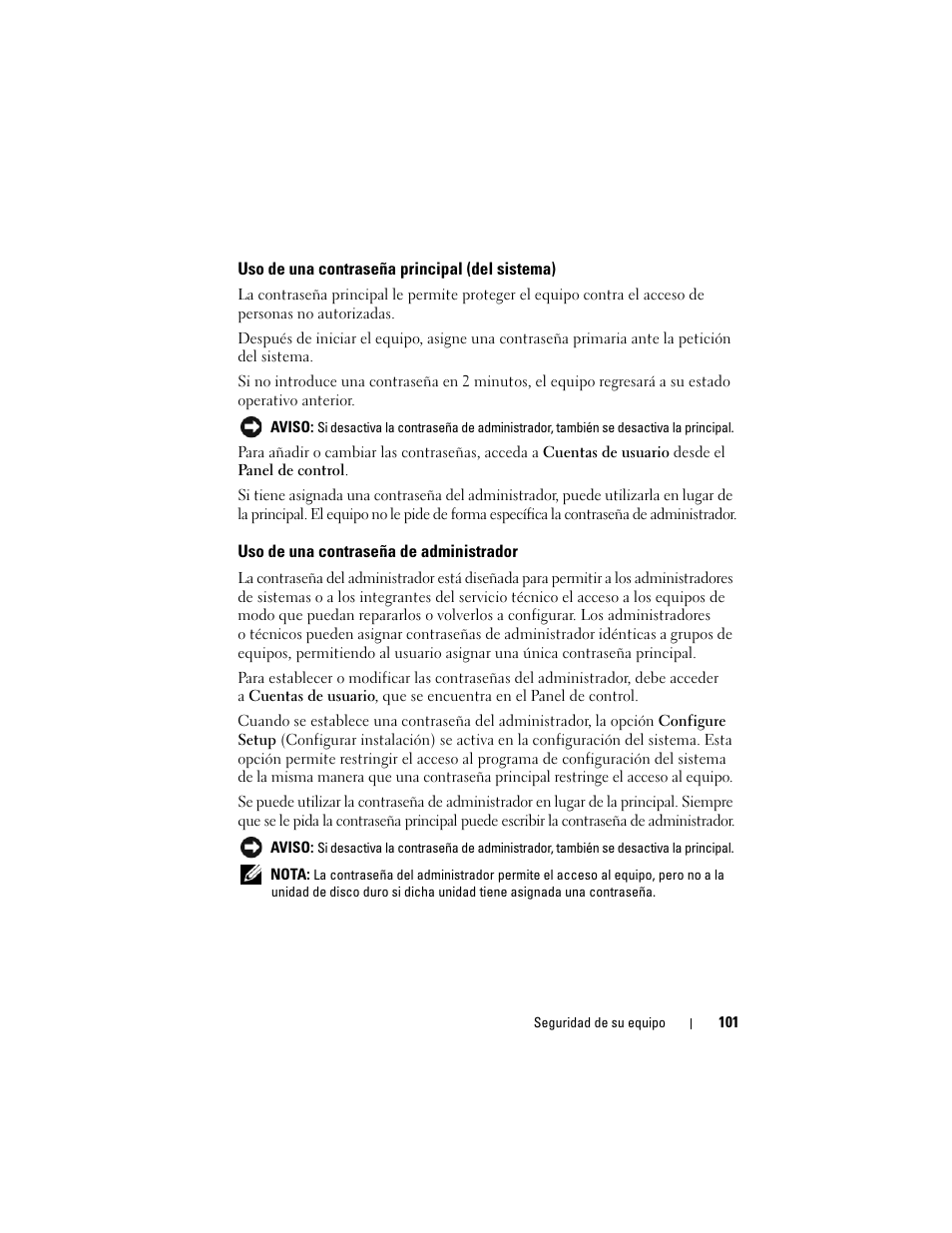 Uso de una contraseña principal (del sistema), Uso de una contraseña de administrador | Dell Latitude D530 (Early 2008) User Manual | Page 101 / 192