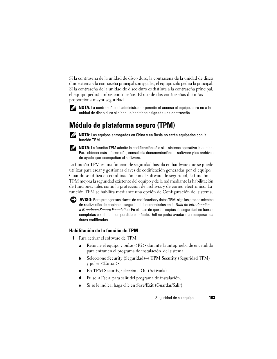 Módulo de plataforma seguro (tpm), Habilitación de la función de tpm | Dell Latitude D530 (Early 2008) User Manual | Page 103 / 192