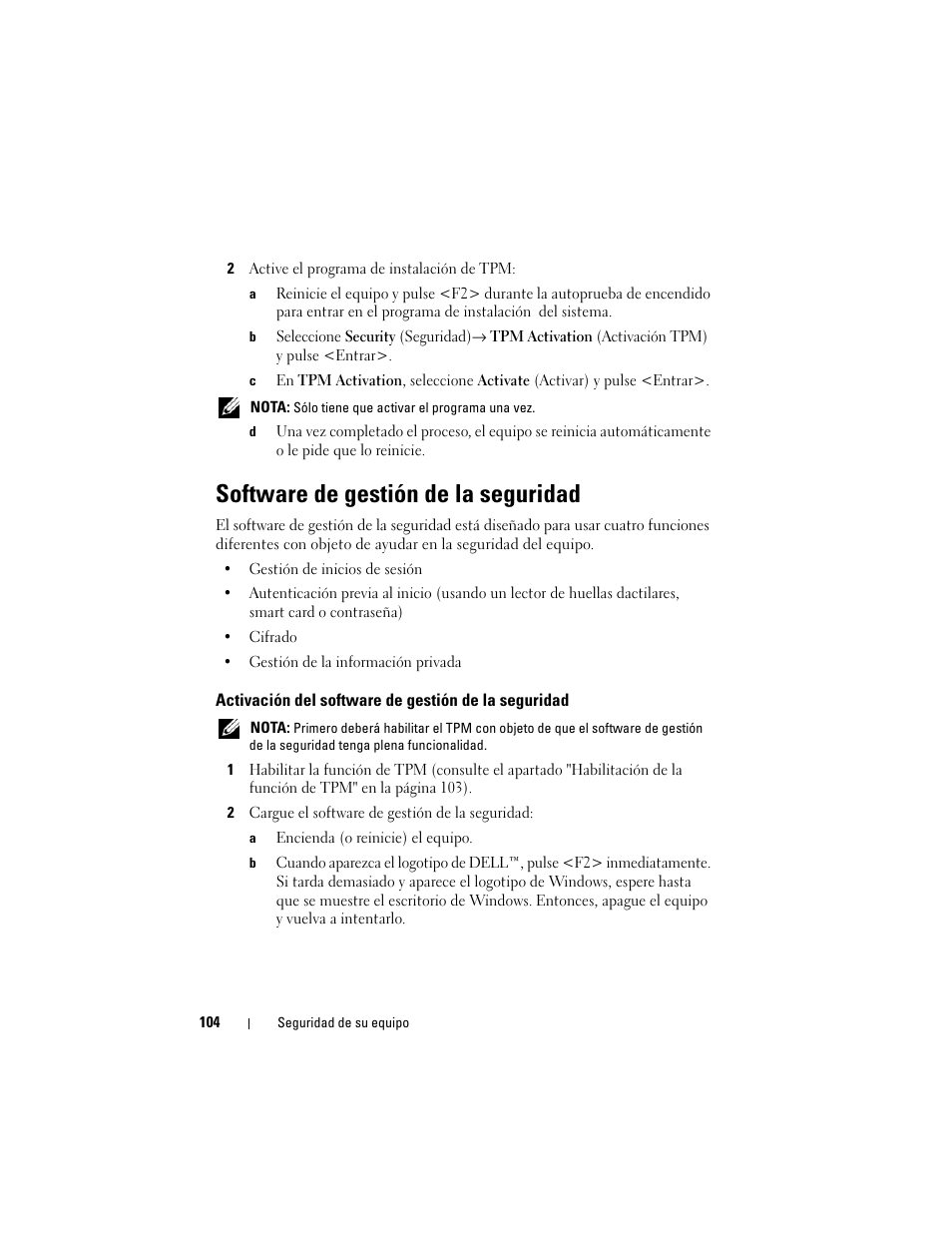 Software de gestión de la seguridad, Activación del software de gestión de la seguridad | Dell Latitude D530 (Early 2008) User Manual | Page 104 / 192