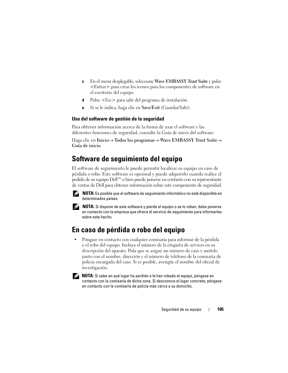 Uso del software de gestión de la seguridad, Software de seguimiento del equipo, En caso de pérdida o robo del equipo | Dell Latitude D530 (Early 2008) User Manual | Page 105 / 192