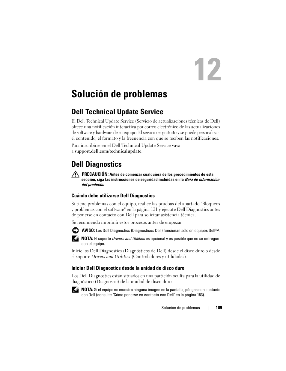 Solución de problemas, Dell technical update service, Dell diagnostics | Cuándo debe utilizarse dell diagnostics | Dell Latitude D530 (Early 2008) User Manual | Page 109 / 192