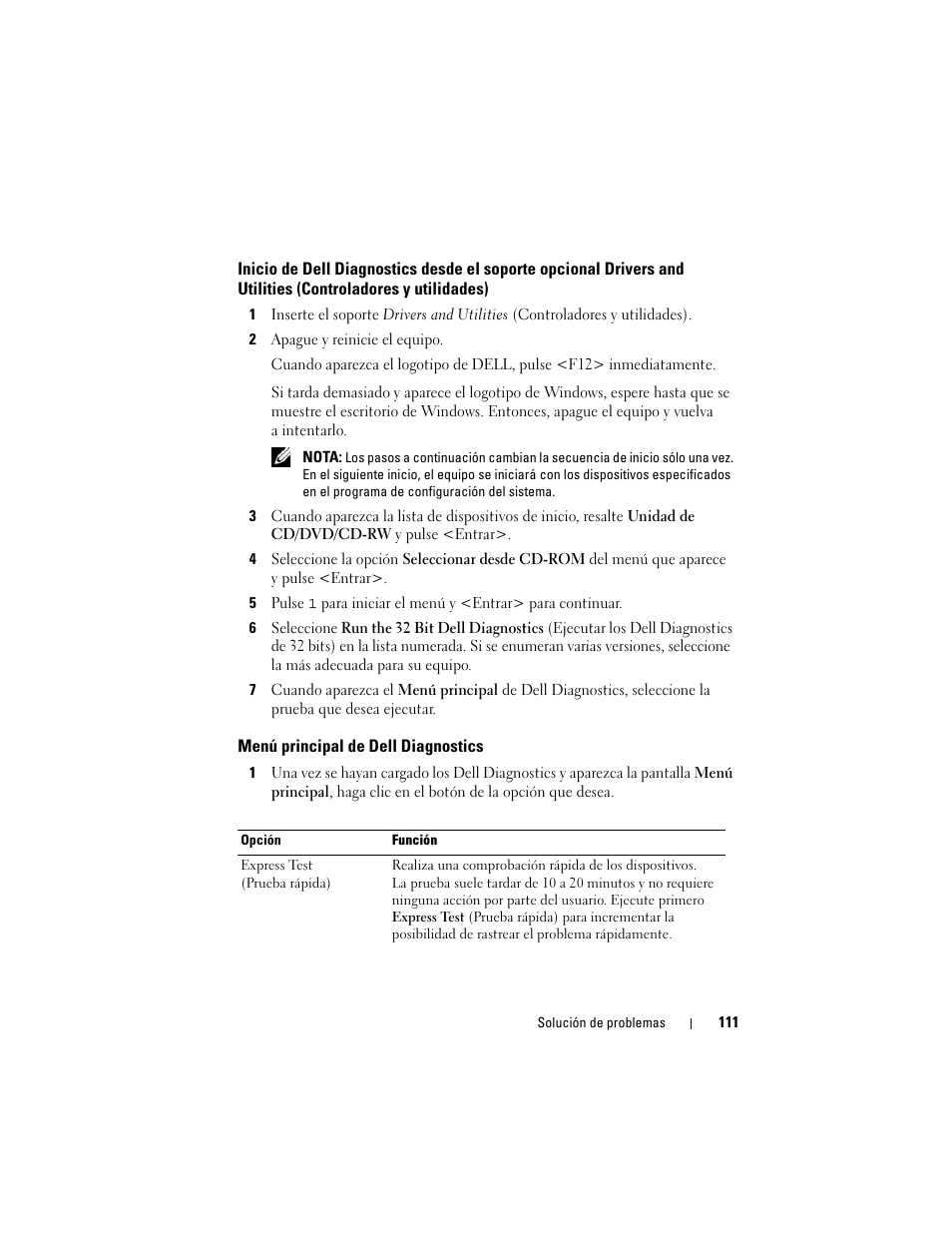 Menú principal de dell diagnostics | Dell Latitude D530 (Early 2008) User Manual | Page 111 / 192