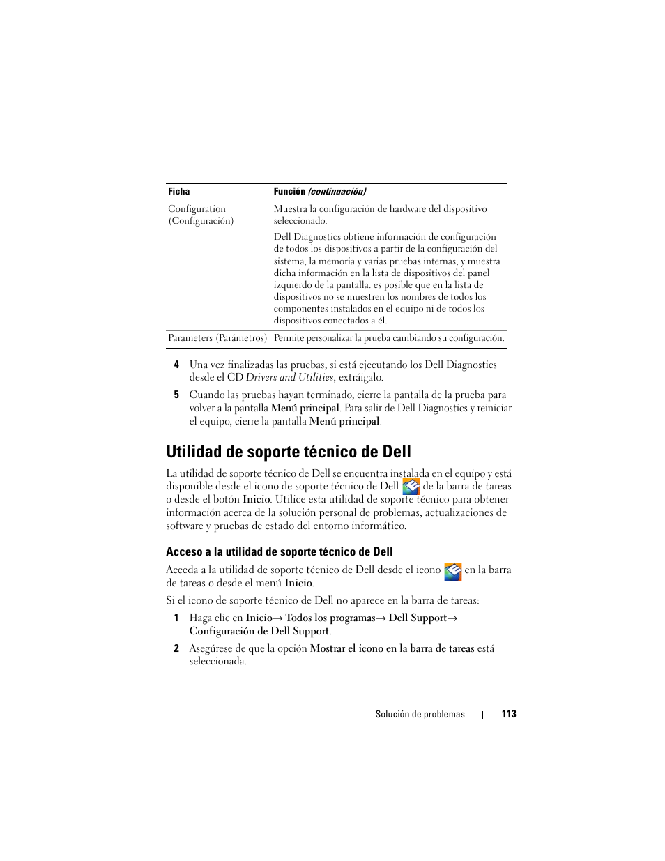 Utilidad de soporte técnico de dell, Acceso a la utilidad de soporte técnico de dell | Dell Latitude D530 (Early 2008) User Manual | Page 113 / 192