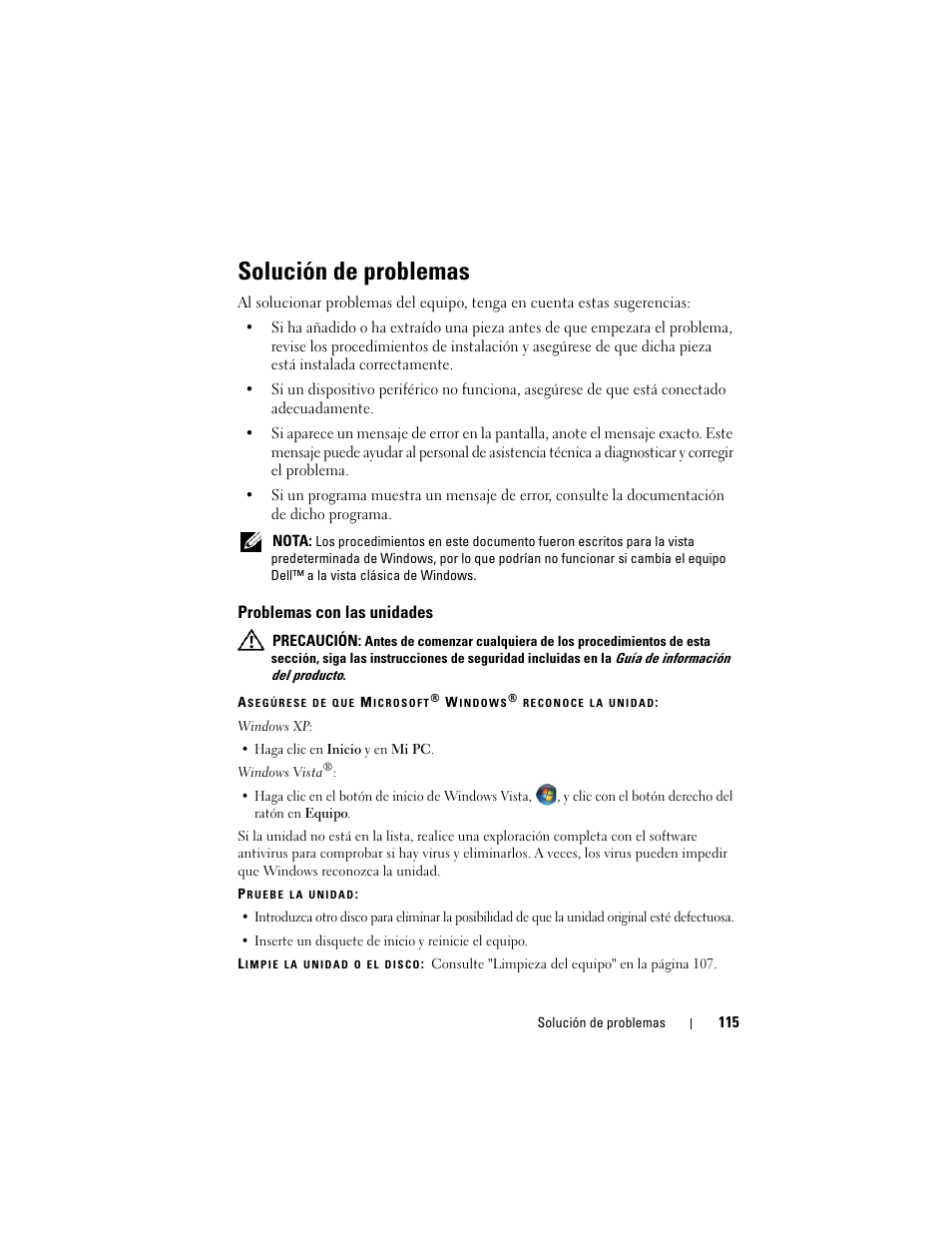 Solución de problemas, Problemas con las unidades | Dell Latitude D530 (Early 2008) User Manual | Page 115 / 192