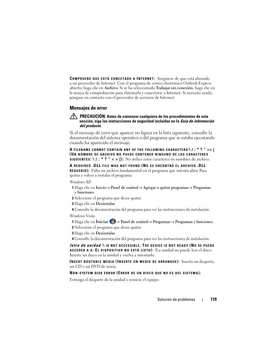 Mensajes de error | Dell Latitude D530 (Early 2008) User Manual | Page 119 / 192