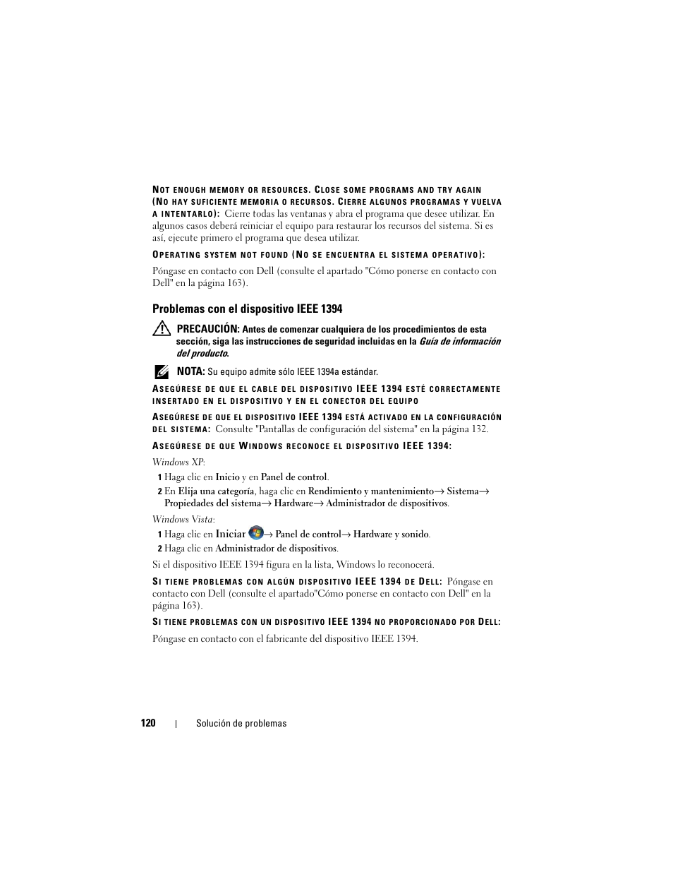 Problemas con el dispositivo ieee 1394 | Dell Latitude D530 (Early 2008) User Manual | Page 120 / 192