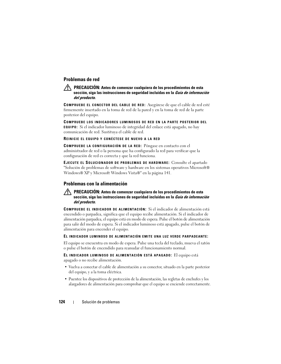 Problemas de red, Problemas con la alimentación | Dell Latitude D530 (Early 2008) User Manual | Page 124 / 192