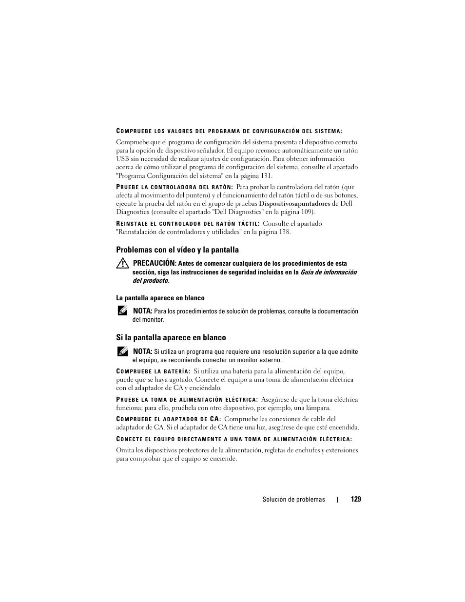 Problemas con el vídeo y la pantalla, Si la pantalla aparece en blanco | Dell Latitude D530 (Early 2008) User Manual | Page 129 / 192