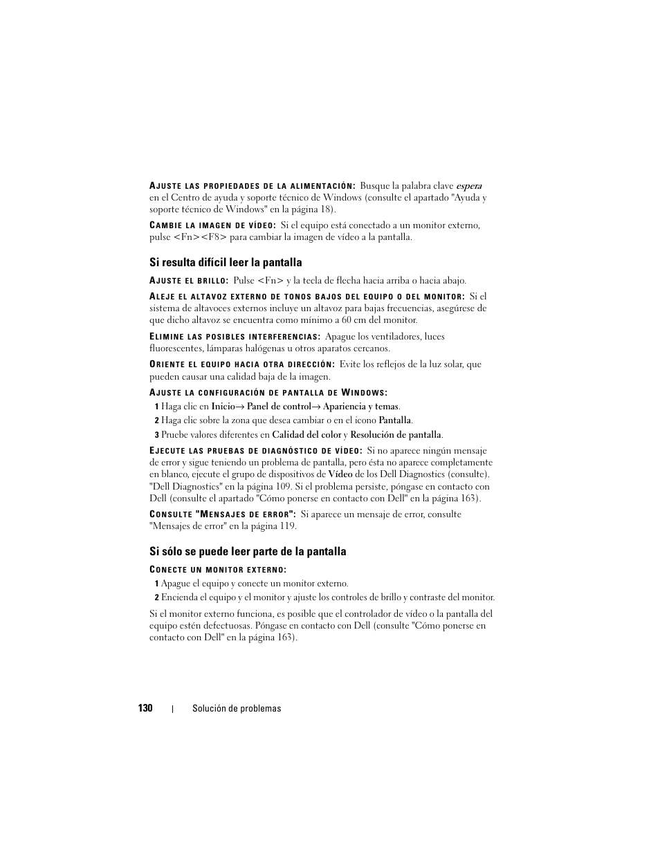 Si resulta difícil leer la pantalla, Si sólo se puede leer parte de la pantalla | Dell Latitude D530 (Early 2008) User Manual | Page 130 / 192