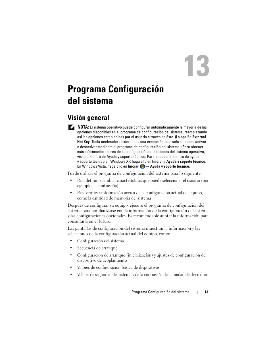 Programa configuración del sistema, Visión general | Dell Latitude D530 (Early 2008) User Manual | Page 131 / 192